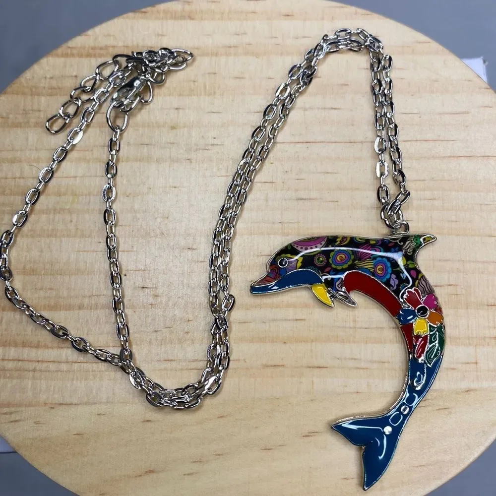 Cute Dolphin Necklace Pendant Womens Kids Colorful Ocean Animal with 20 in Chain